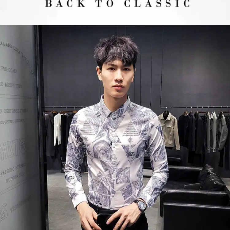 Men's Spring and Autumn Long Sleeve Shirt Korean Slim Print Trend Joker Shirt Handsome Personality Stylist Cardigan Top