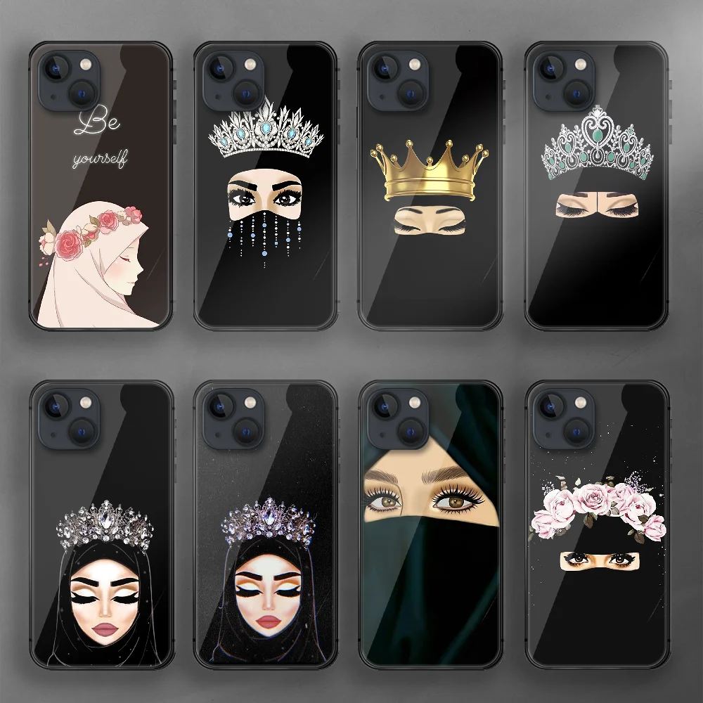 

Luxury Woman Crown Hijab Tempered Glass Phone Case Cover For Iphone 7 8 11 12 13 14 Pro Max Plus Mini 6s X XS XR SE Black
