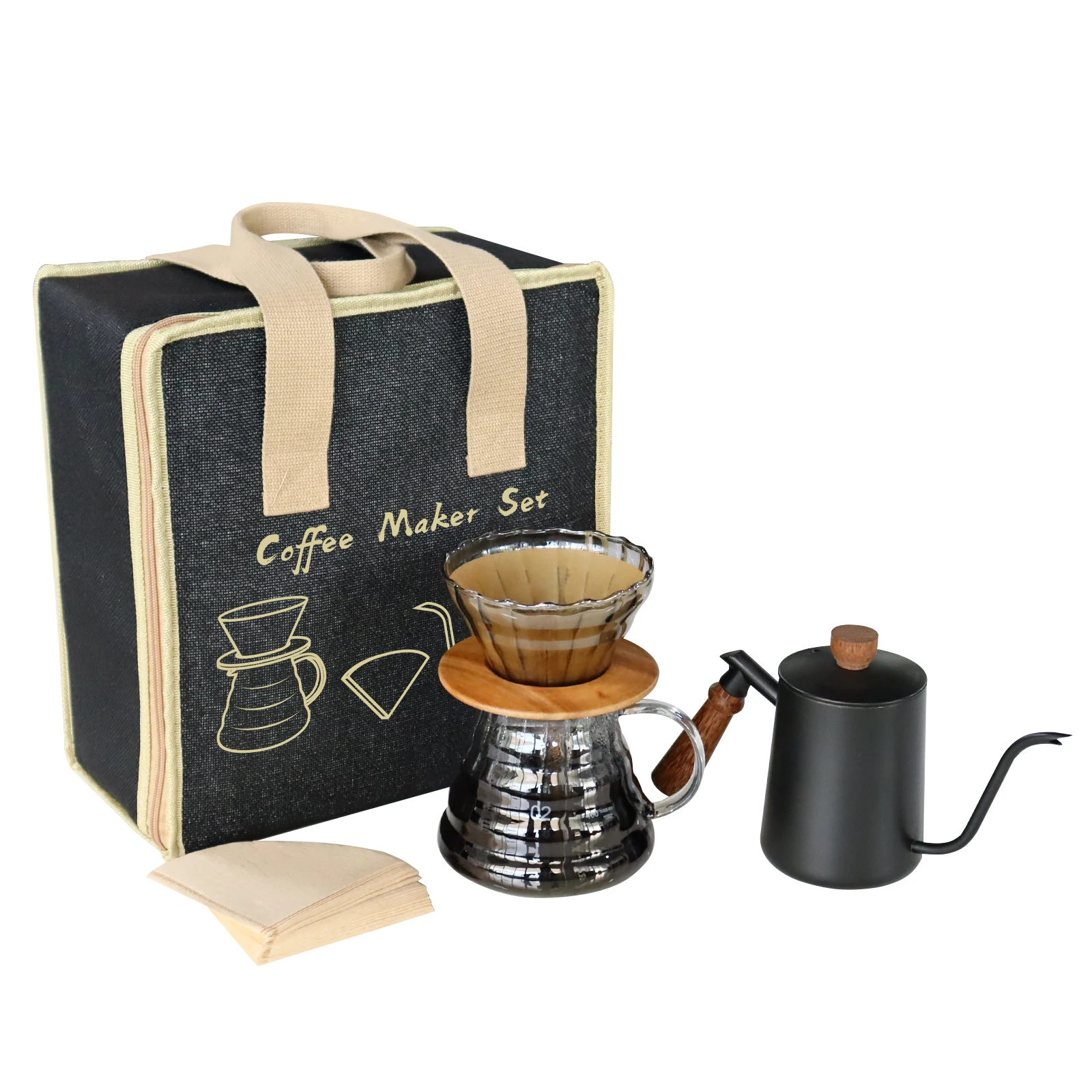 

Pour Over Coffee Maker Set with Black Gooseneck Kettle Wooden Filter Holder Glass Server Paper Filters for Coffee Lovers
