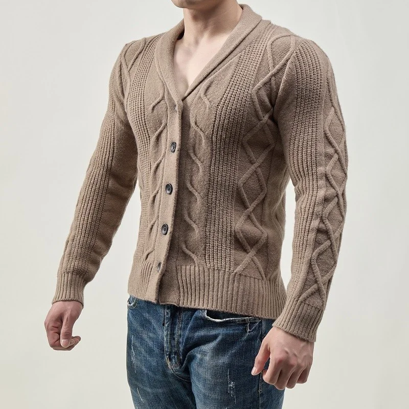 

New Arrival High Quality Autumn Winter V-neck Computer Knitted Cardigan Men Large Jacquard Coat Cashmere Sweater