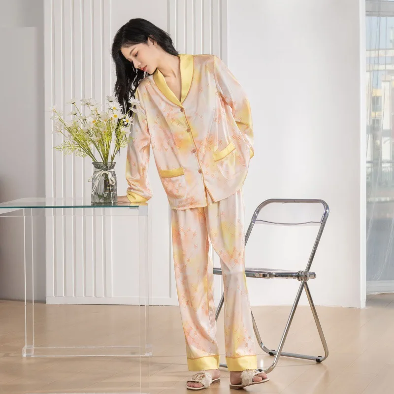 2023 Spring and Autumn New Pajamas Women's Ice Silk Long Sleeve Pants Set Home Clothes Set Green Fruit Collar