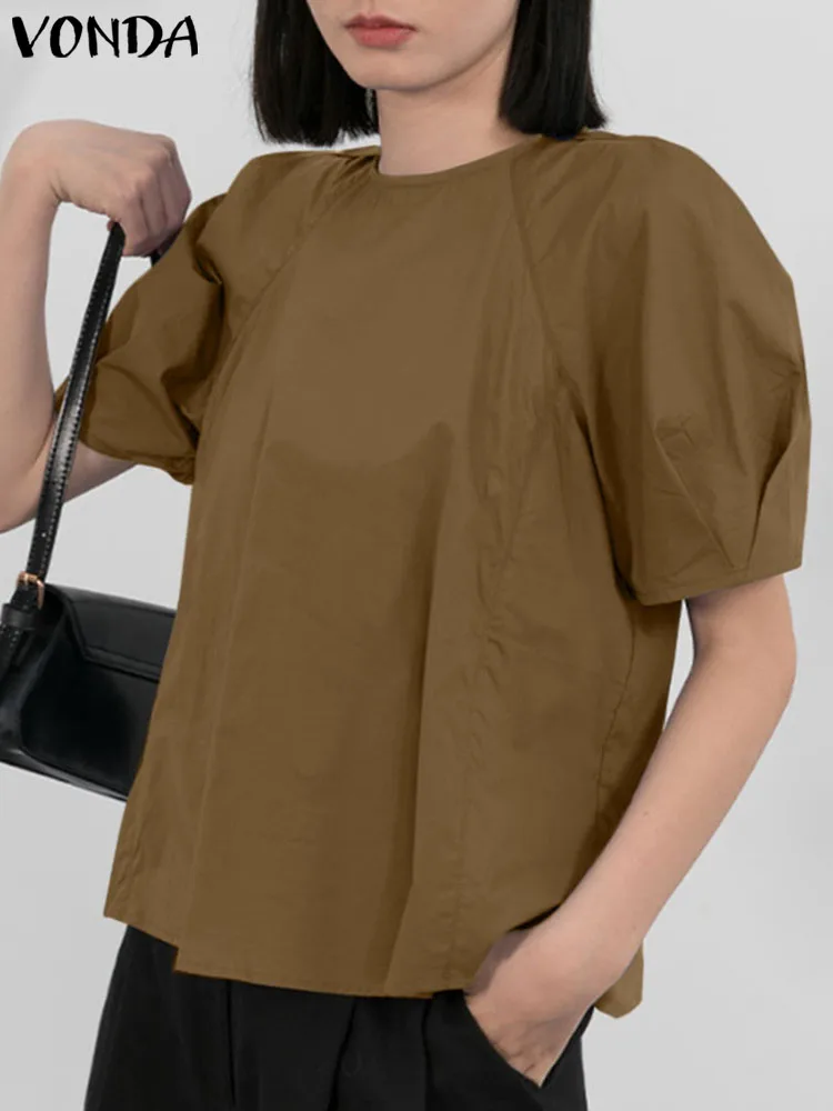 

2023 VONDA Fashion Shirts Summer Women Blouse Tunic Tops Elegant Casual Loose Solid Color Round Neck Short Sleeve Street Blusas