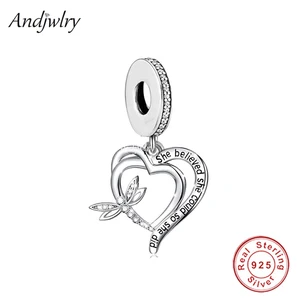 Fit Bracelet Charms Silver 925 Original Dragonfly She Believed Could Fly So Did Heart Bead Bracelet&Bangle Jewelry Berloque