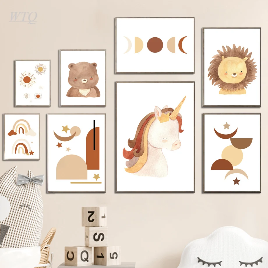 Очаровательное Единорог Лев медведь Радуга настенная Картина на холсте