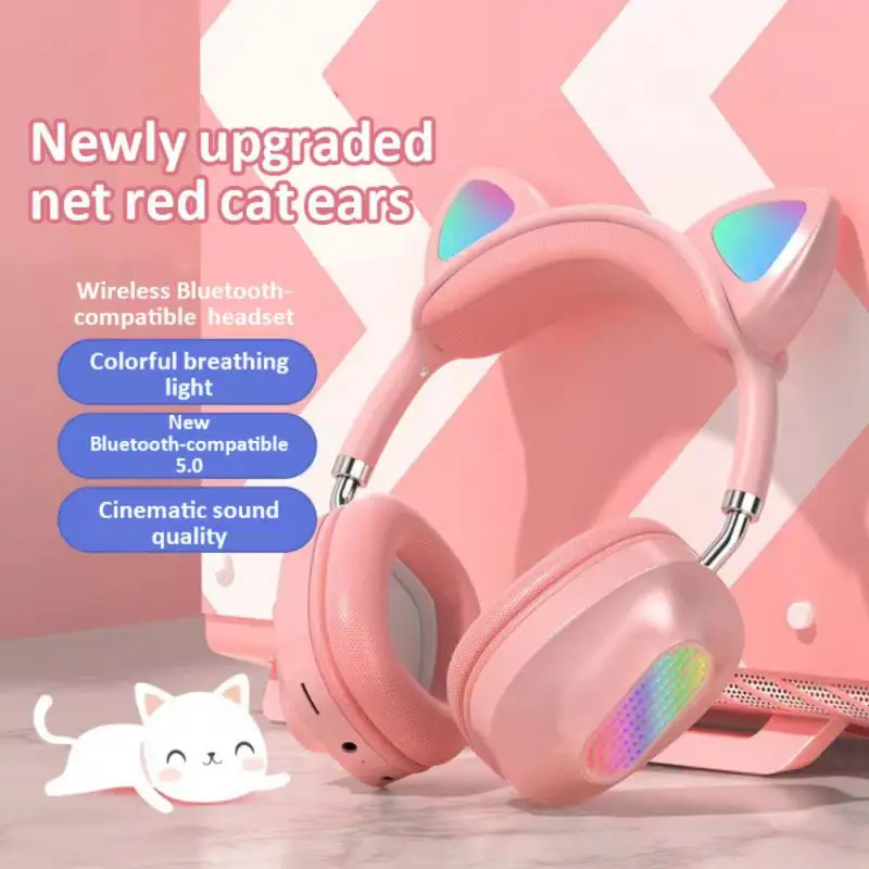 

Led Light Up Wireless Headphones 400mah Long Battery Life Cat Ear Earphones Over Ear Microphone Wireless Earbuds