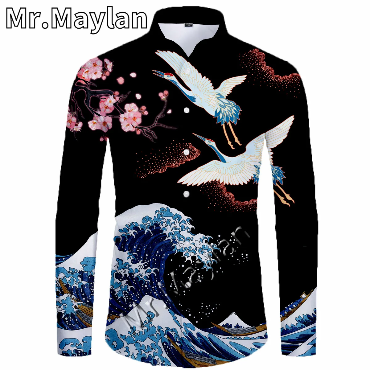 

Гавайская пляжная рубашка с 3d-рисунком японского журавля и дракона, Мужская Роскошная уличная одежда, рубашки с длинным рукавом, большие ра...