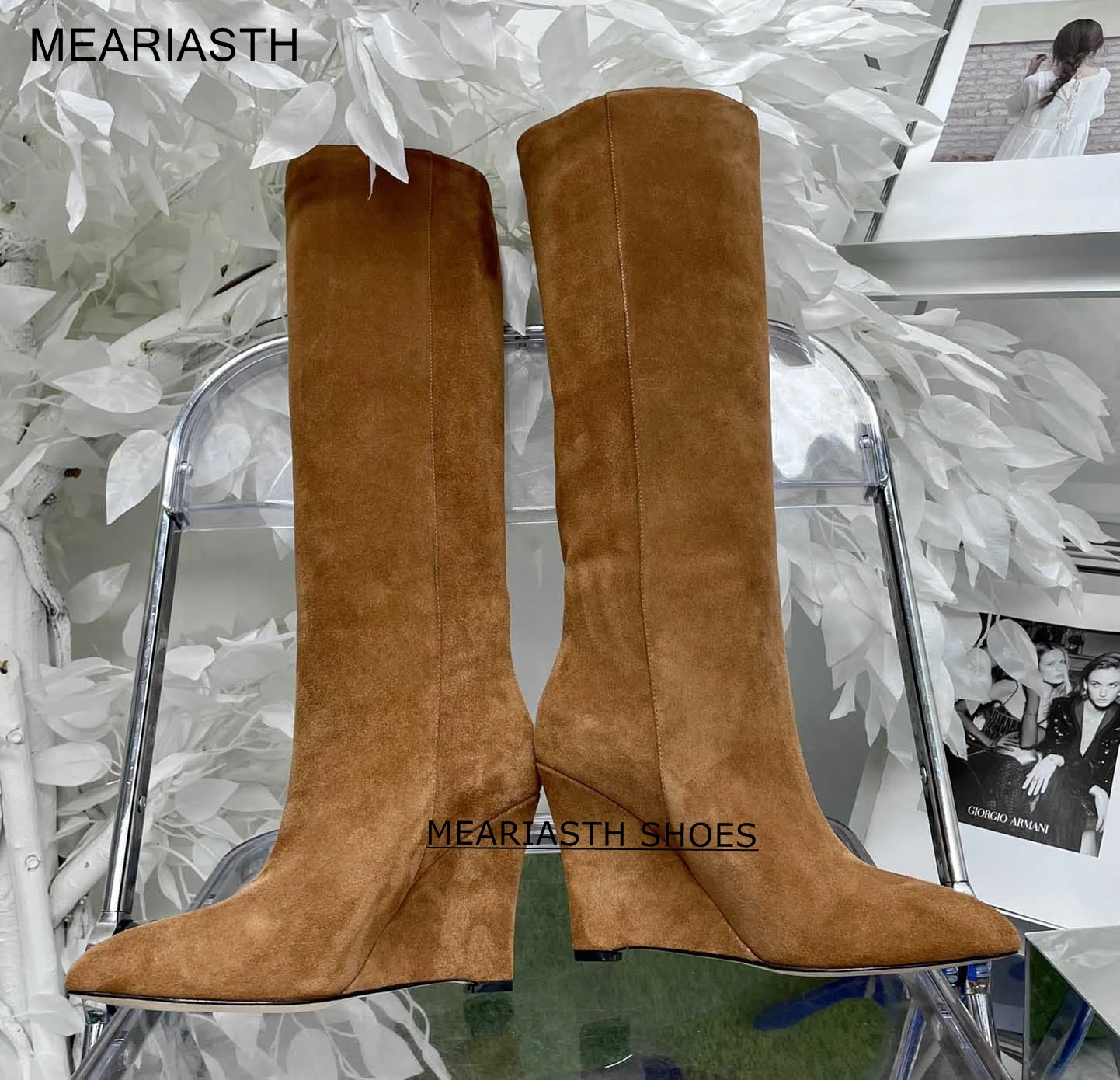 

Fashion Wedge suede leather Shoes for Woman Pointed Toe High Heel Women's Boots 2022 New Winter Knee High Boots Women Large Size