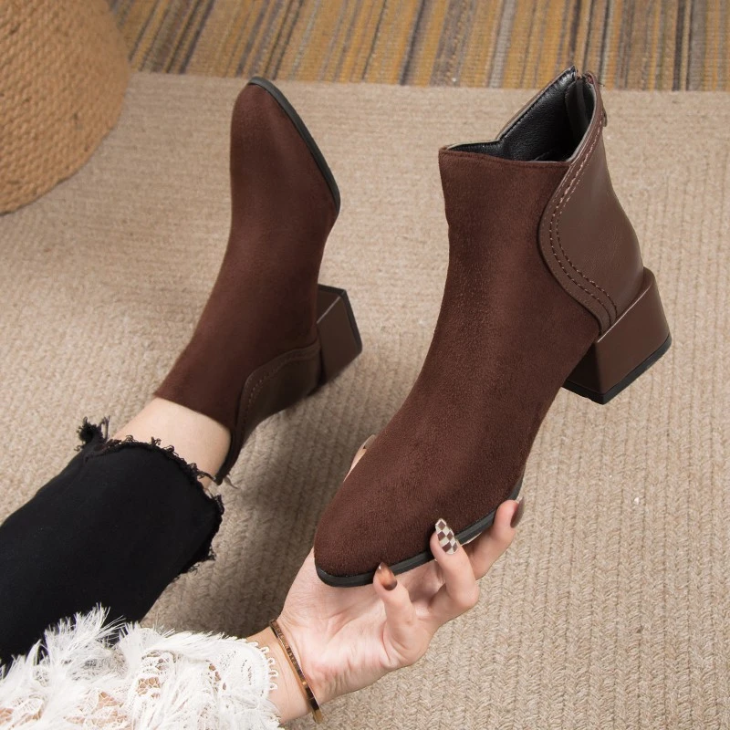 

Женские ботильоны на молнии сзади, современные ботинки с острым носком и шитьем, обувь на массивном каблуке, 2023