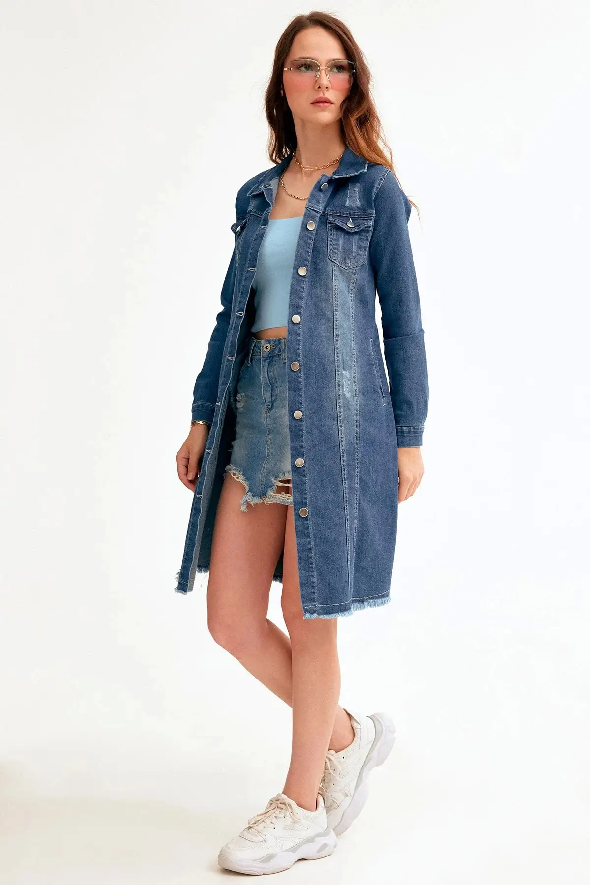 

Women's Fashion Denim Jacket Coat Wasched Long Jeans Jacket