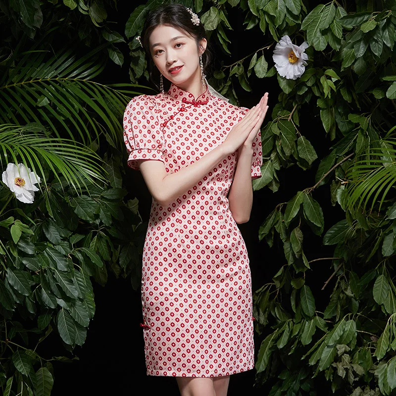 Summer Cute Print Short Sleeve Modern Qipao Fashion Dress For Young Girls