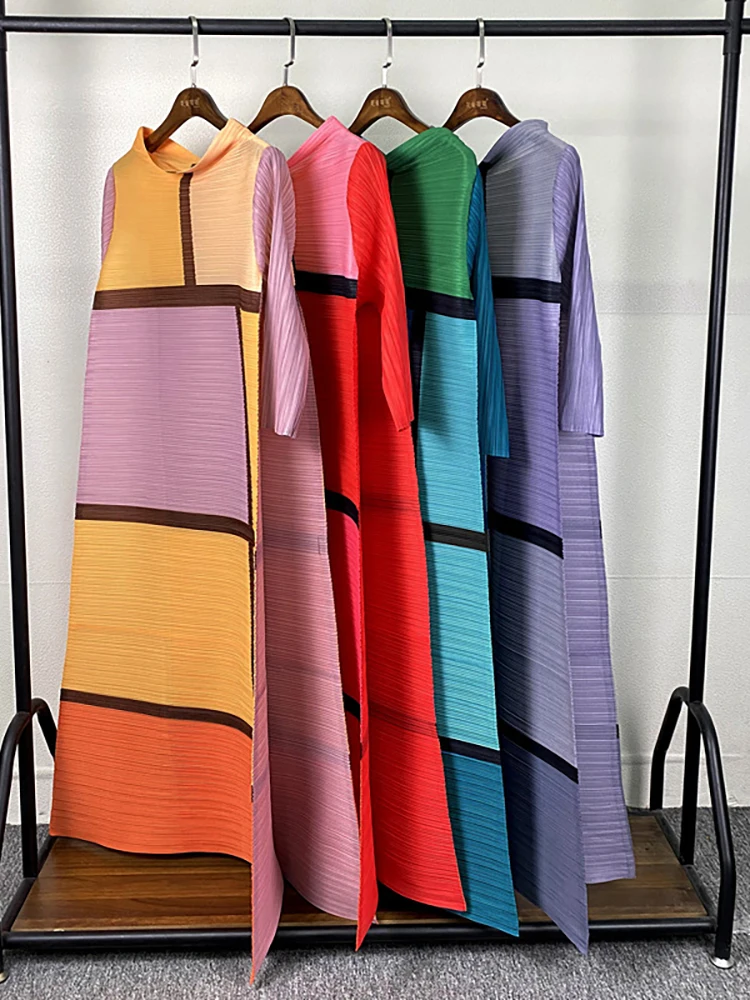 

Gedivoen High Quality Summer Women Fashion Designer Loose Dress Sleeveless Colorblock Print Elasticity Pleated Dresses Vestidos