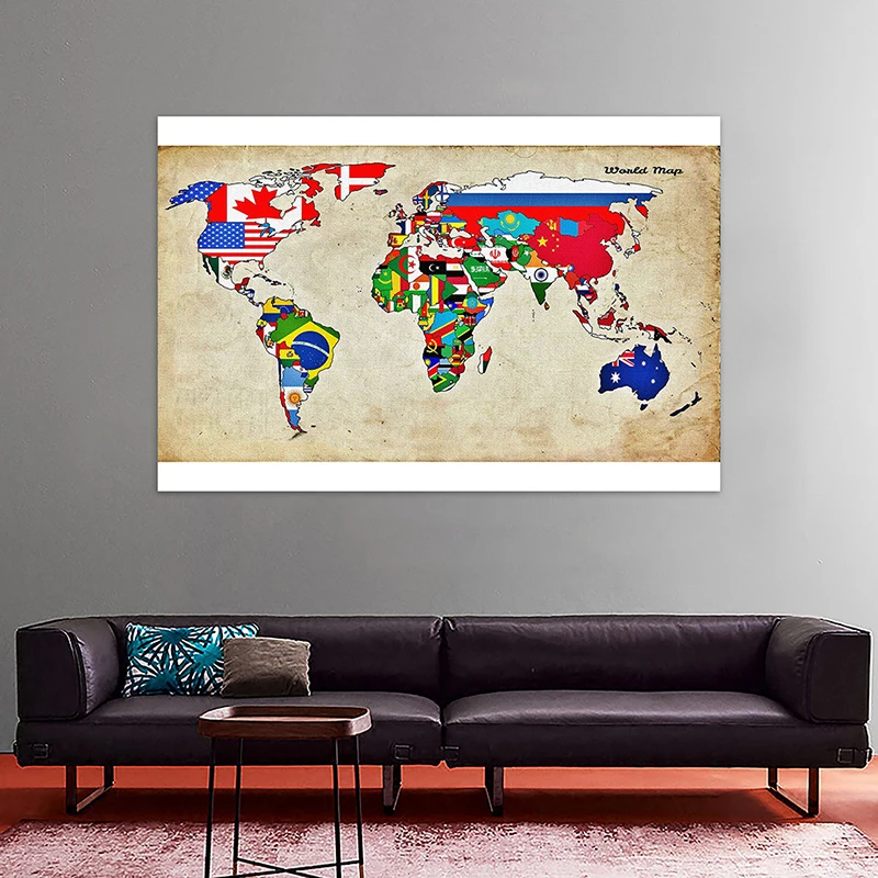 

150x100cm Non-woven DIY World Map Made With National Flags Pattern For Wall Decor
