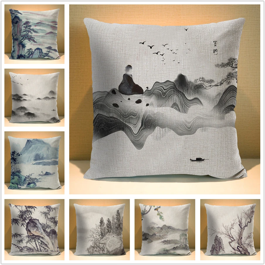 

Chinese Ink Scenic Pillow Case Decorative Beautiful Scenery Printed Cushion Cover for Sofa Home Polyester Pillowcase 45*45 cm