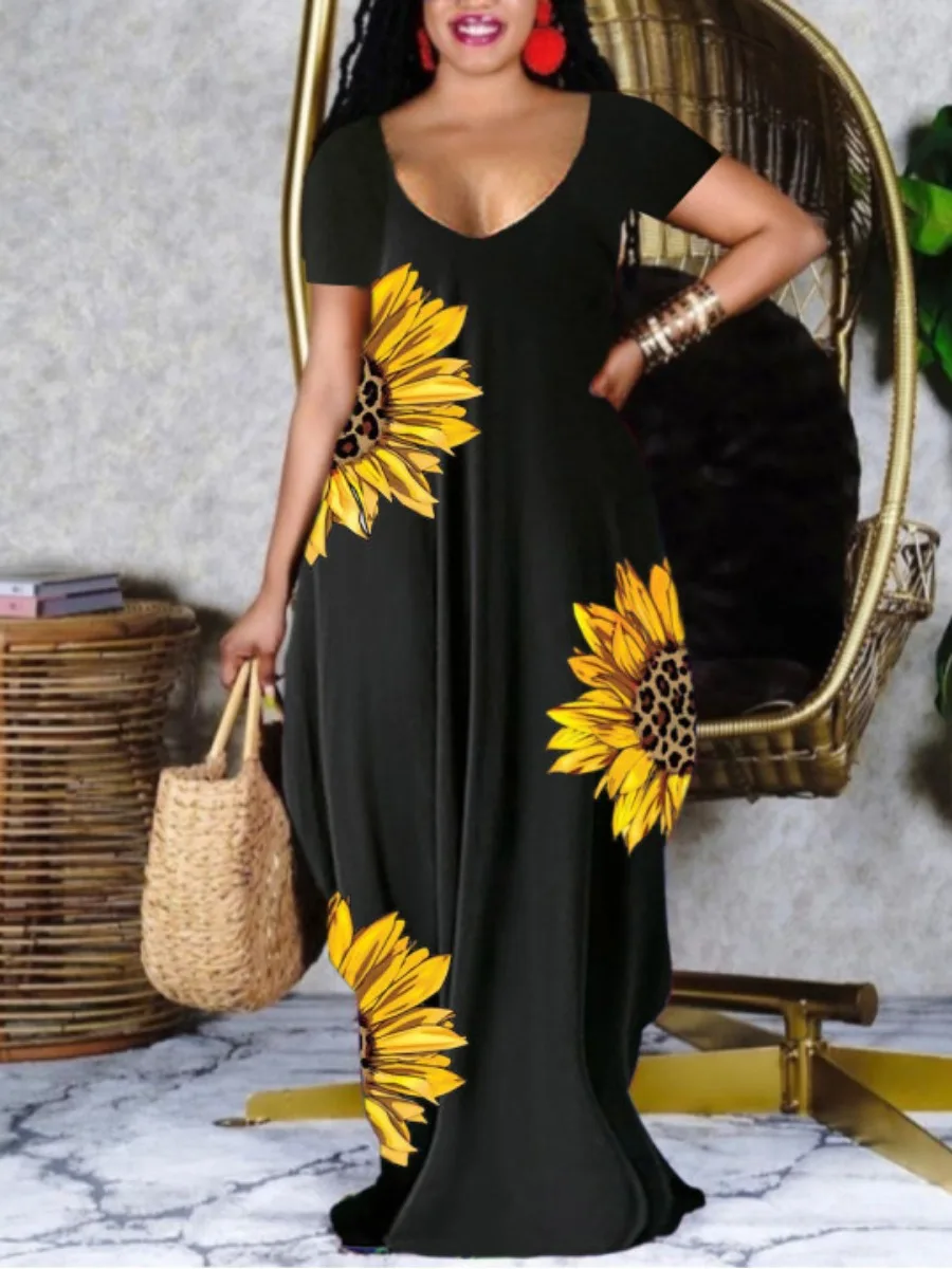 

LW Plus Size Dress U Neck Sunflower Print Women Loose Floral Summer Fashion Casual Sea Beach Boho Long Dresses