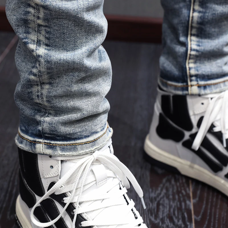 High Street Fashion Men Jeans Retro Light Gray Blue Elastic Skinny Ripped Jeans Men Patched Designer Hip Hop Brand Pants Hombre