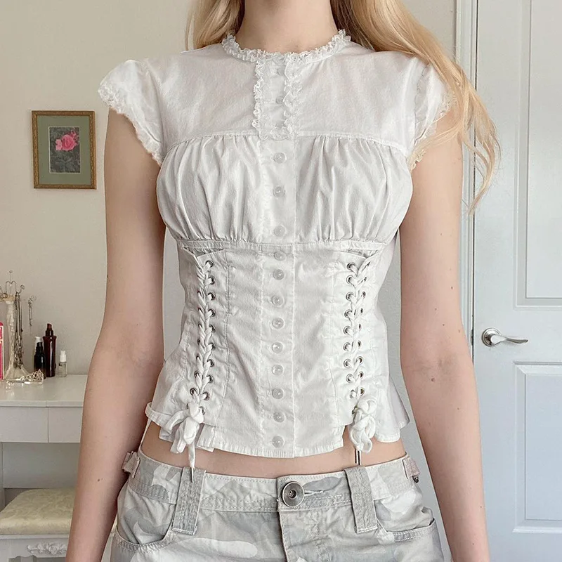 

White Lace-Up Pleated Mini Short Sleeved Vintage Womens Tops Y2K Girls' Summer Clothing Lace Patchwork Bandage Round Neck Shirt