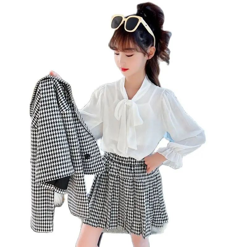 

Girls Jacket Suit Kids Girls Clothes Spring and Autumn Dress Coat + Pleated Skirt + Shirt Baby Children's College Style Suit