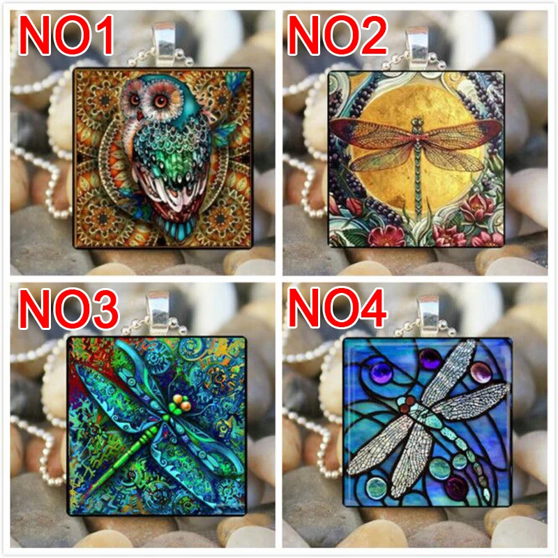 

1PCS Owl Dragonflies Retro Picture Oil Painting Glass Pendant Necklaces For Women Teengirl Vintage Necklace