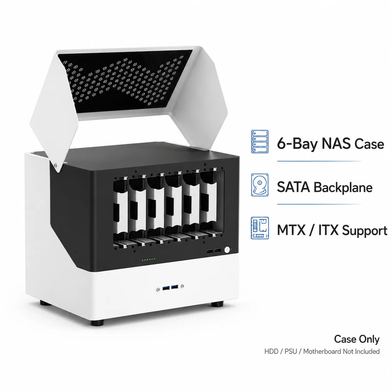 Фото Корпус NAS на 6 отсеков с горячей заменой SATA-накопителей, материнская плата MATX/ITX, серверный корпус, блок питания SFX, отсеки для HDD 2.5/3.5 дюйма, 4 слота PCI №1