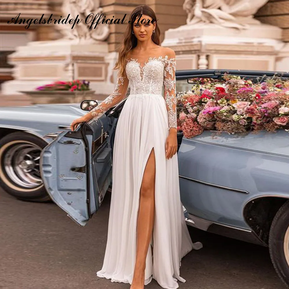 

Angelsbridep A-Line Chiffon Wedding Dress 2022 Long Sleeves Side Split Beach Lace Appliques Wedding Gowns Vestidos De Novia