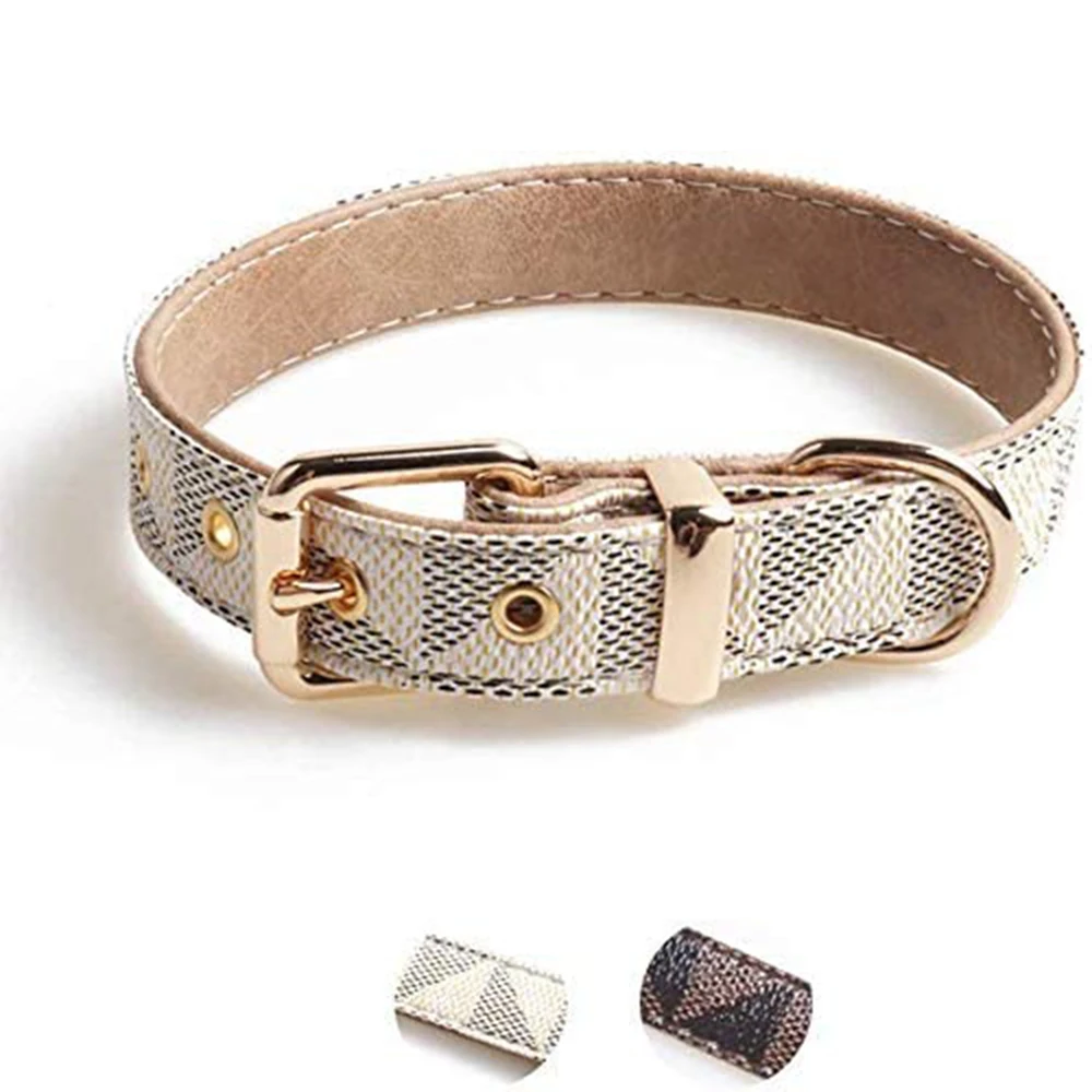 

Ошейник из кожи щенка, регулируемый базовый ошейник с узором в клетку, прочный кожаный ошейник с металлической пряжкой, подходит для собак