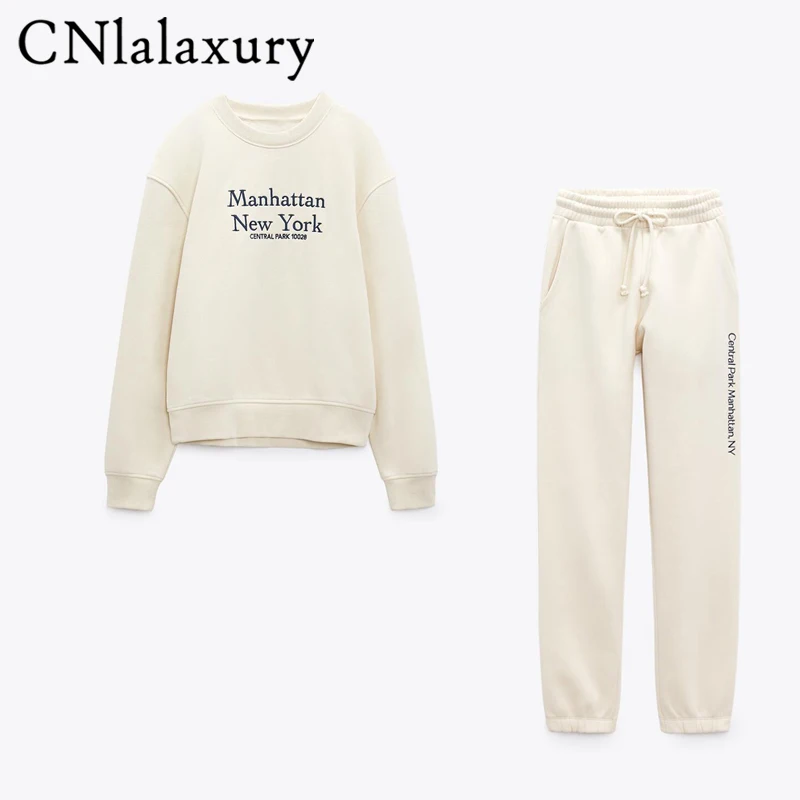 CNlalaxury Autumn Winter Woman Beige Embroidered Sweatshirt Long Sleeve Pullover Round Neck Solid Color Casual Top Sportswear