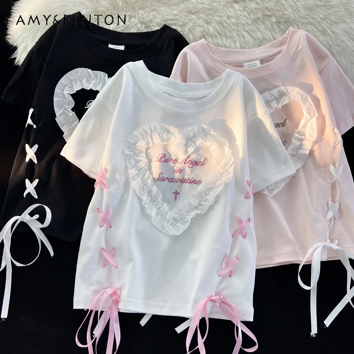 

Japanese Sweet Loving Heart Lace-up T-shirt Short Sleeve Women Summer Soft Girl Shoulder Short Top Women T Shirt Kawaii Clothes
