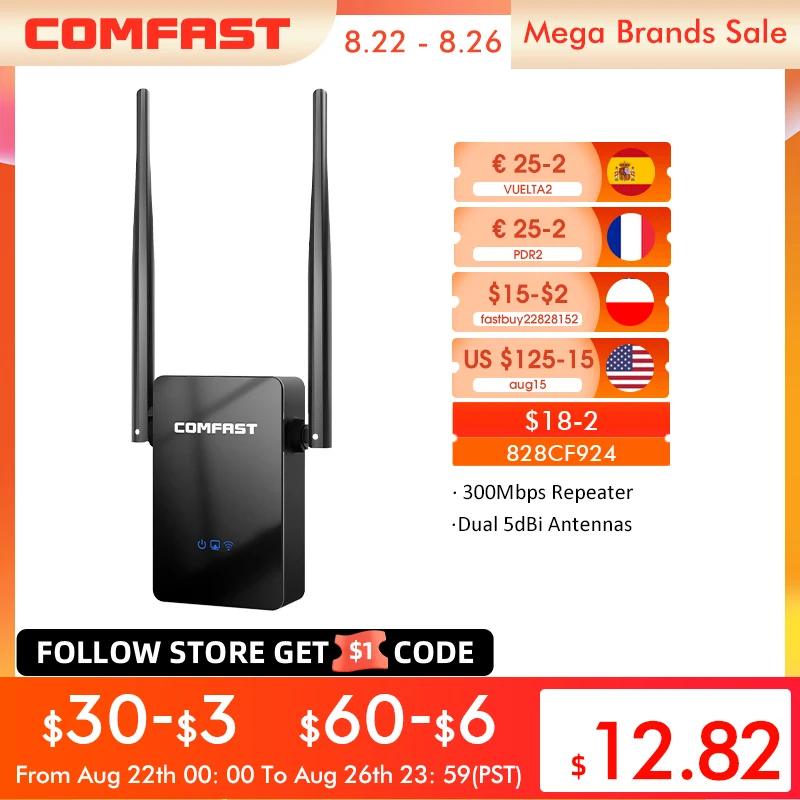 COMFAST Wireless Wifi Repeater 300/1200M 802.11n/b/g Network Wifi Extender Signal Amplifier Signal Booster Repetidor Router