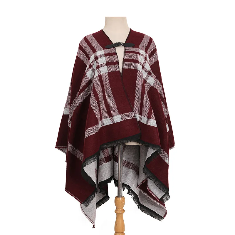 Autumn Winter New Style Split Plaid Knitting Tassel Women Fashion Street Poncho Lady Capes Wine Red Cloaks