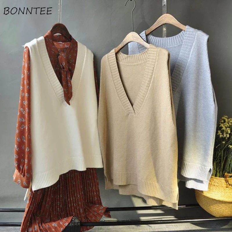 

Жилетка женская однотонная с V-образным вырезом, универсальная вязаная простая шикарная Повседневная Уличная модная винтажная одежда в Корейском стиле Харадзюку кпоп