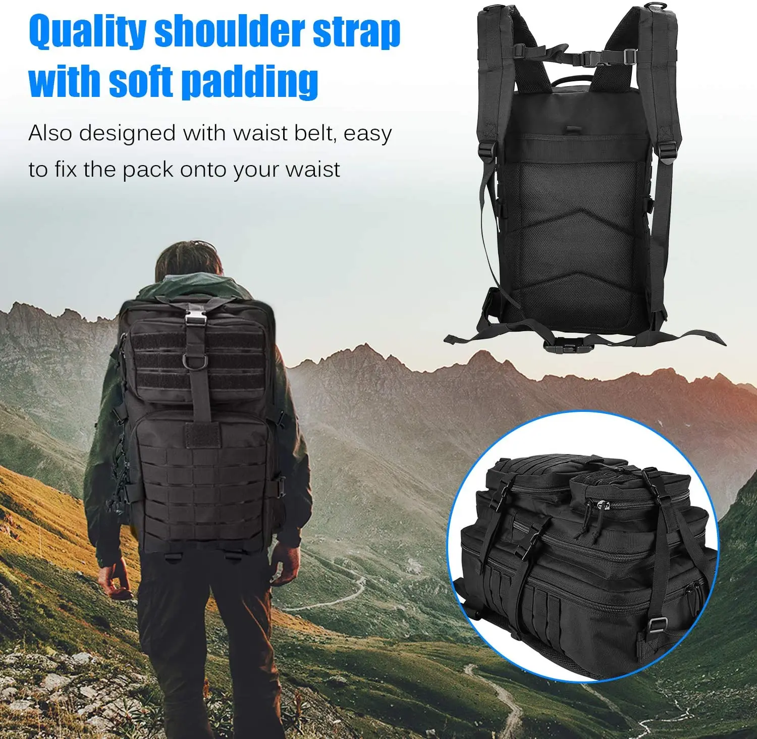 ProCase Military Tactical Backpack, 48L Large Rucksack 3 Day Outdoor Army Assault Molle Pack Go Bag Backpacks -Black