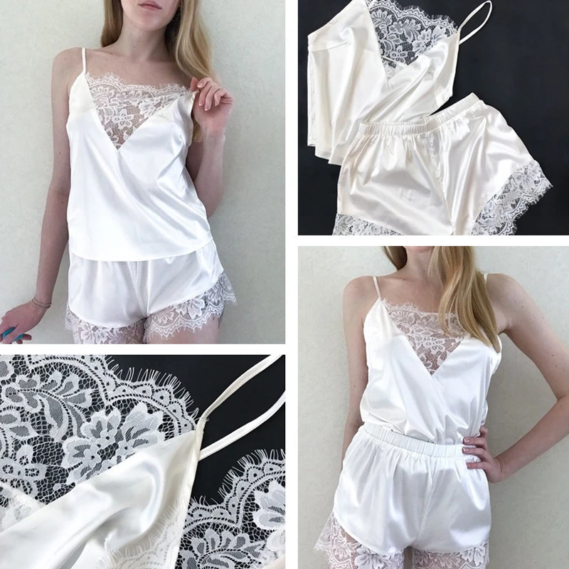Women Pajamas Sexy Lace Patchwork Sleeveless Tops and Shorts 2 Pieces Set Suspended Vest Sleepwear Solid Color Home Clothes