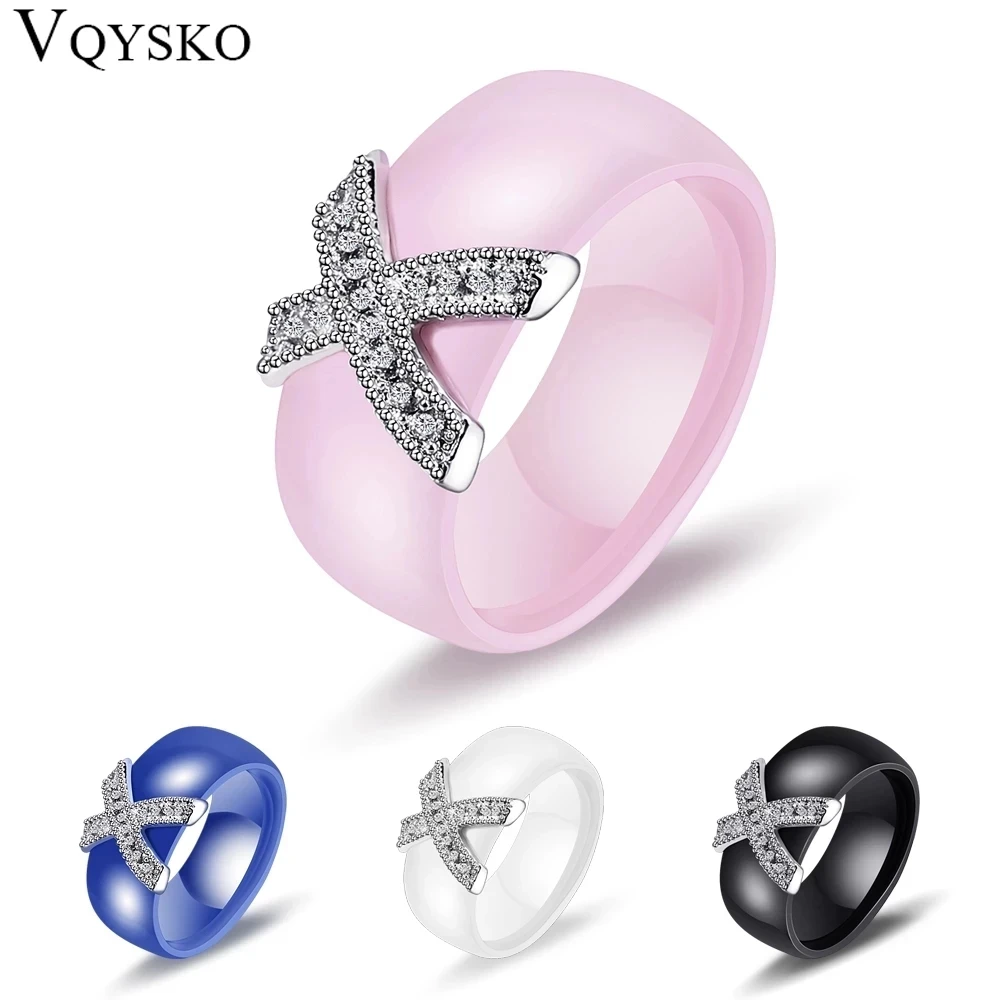 

Fashion Jewelry Women Ring With AAA Crystal 8 mm X Cross Ceramic Rings For Women Wedding Party Accessories Gift Design