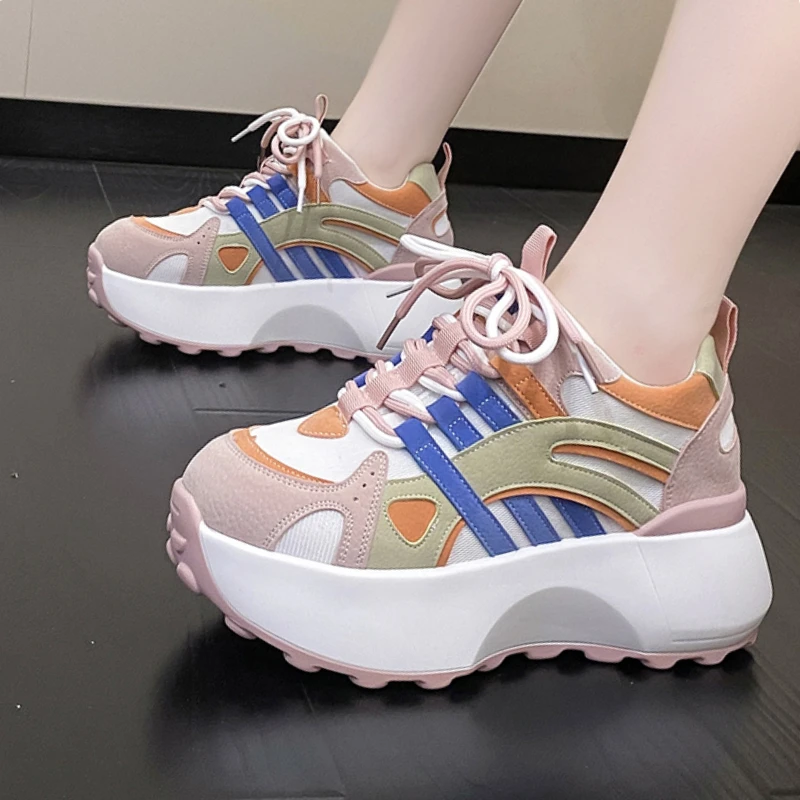 

New Women Lace-up Chunky Sneakers High Platform Wedge Sport Dad Shoes Breathable Vulcanized Shoes 6CM Autumn Leather Shoes B3-59