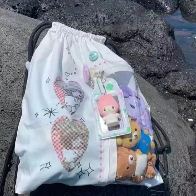 Лолита японский мультфильм шикарный рюкзак на шнурке женский Y2K прозрачный DIY