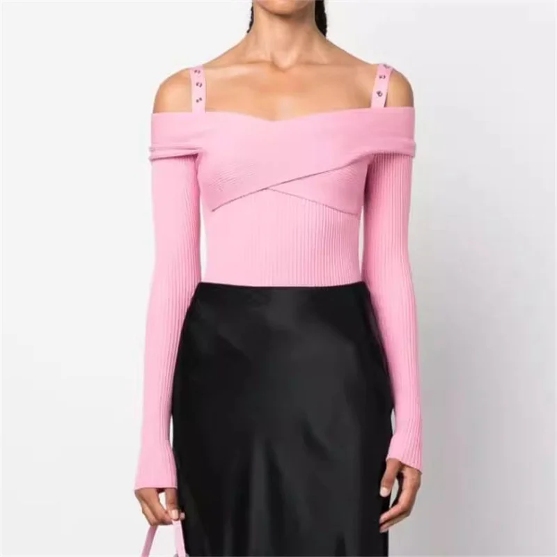 

Women's sweater 2023 Autumn New Korean Fashion Off Shoulder Sexy suspenders Pullover Crossed Slim Long Sleeve new knit Top y2k