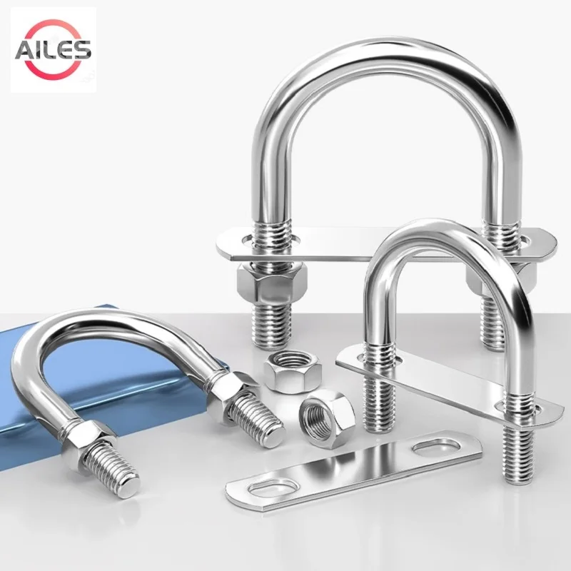 M6 M8 304 Болты U-типа из нержавеющей стали с пластинчатыми гайками Круглый U-образный зажим для труб Зажим U-образный держатель трубки Фиксированная пряжка Пластина 2 мм