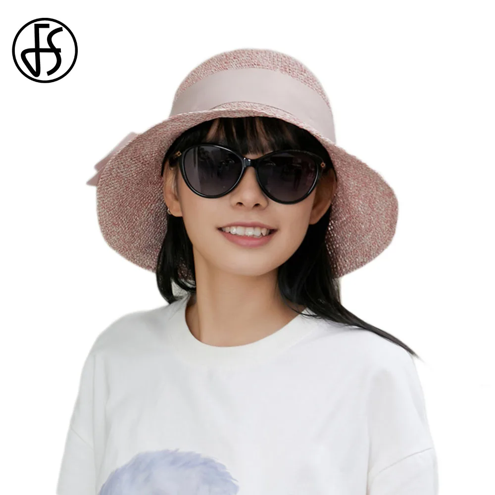 

FS Spring Summer Wide Brim Straw Hat Women Travel Shopping Beach Hats Ladies 2022 Sun Protection Foldable Floppy Sunshade Cap