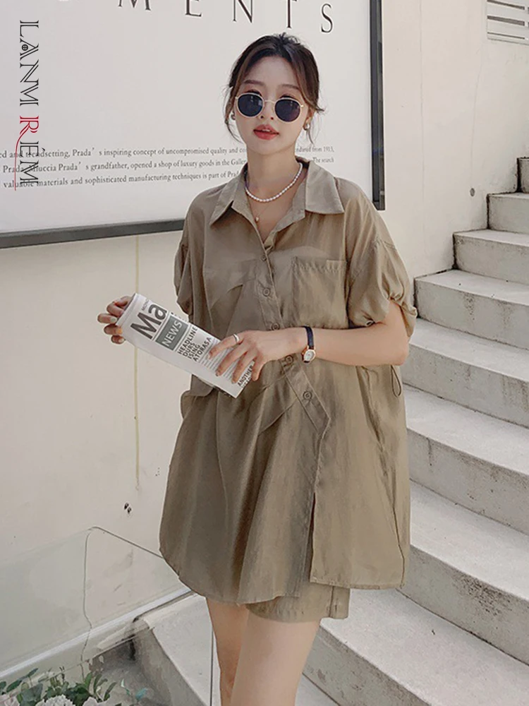 

LANMREM Two Piece Set Women's Summer Thin Bubble Short Sleeve Irregular Shirt Top Wide Leg Shorts Sunscreen Clothing 2R3284