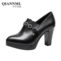 small size 32 43 deep mouth crystal buckle slip on block high heels shoes 2022 fall winter thick platform pumps for office model