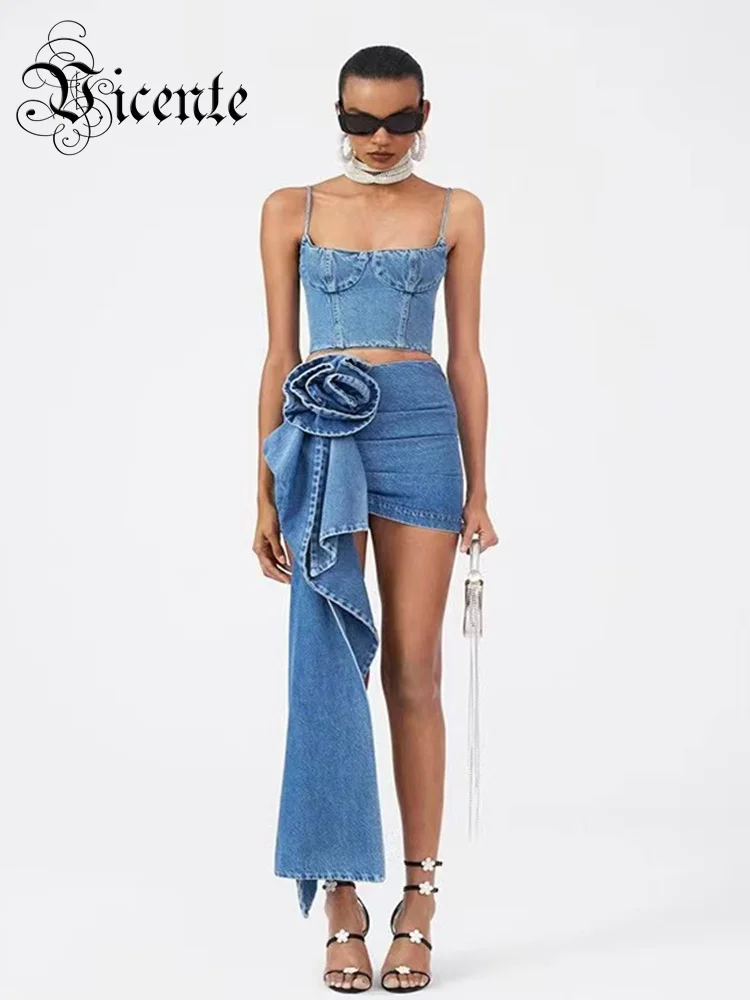 

VC 2023 New Summer Women'S Strap Short Top+3D Rose Decoration Short Skirt Denim 2 Piece Set Fasgion Streetwear