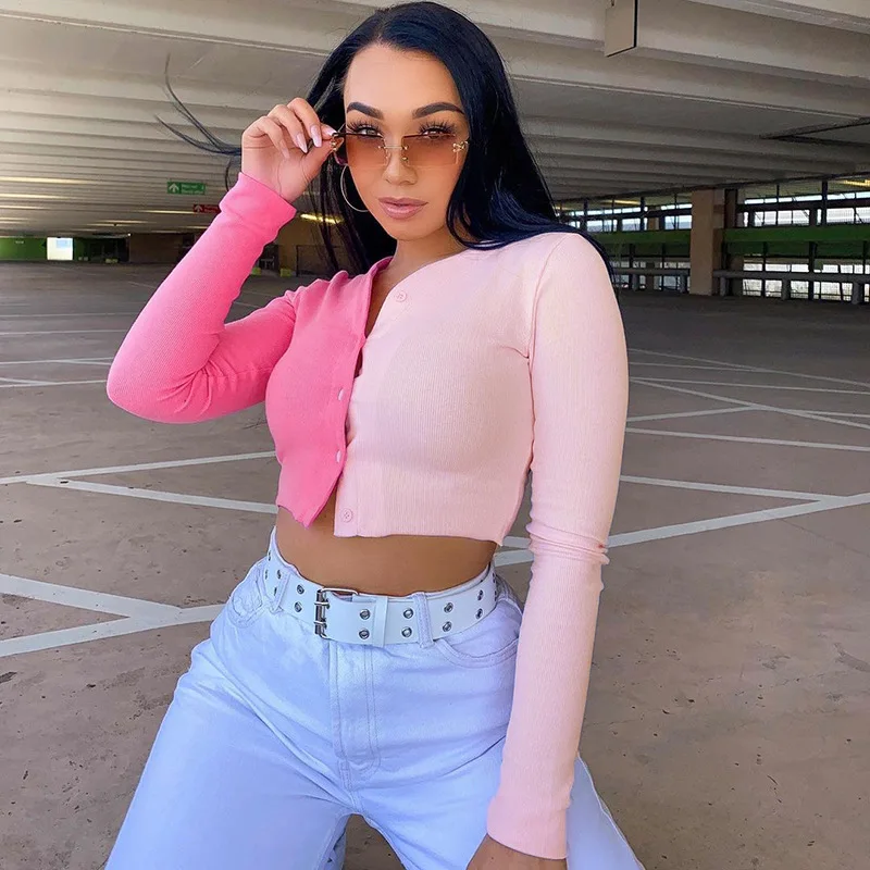 

Davichi Patchwork Color Sexy Womens Crop Top Y2k Long Sleeve V Neck Casual Summer Cute Fashion T Shirt Streetwear Camiseta Mujer