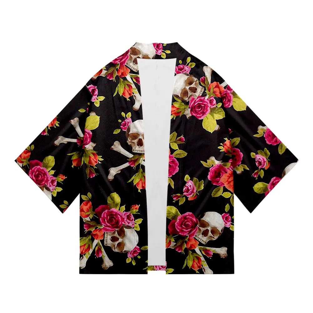 Japanese Kimono Robe Plus Size Flower Skull Print Cardigan Asian Clothing Harajuku Design Yukata Men's Shirts Hip Hop Streetwear
