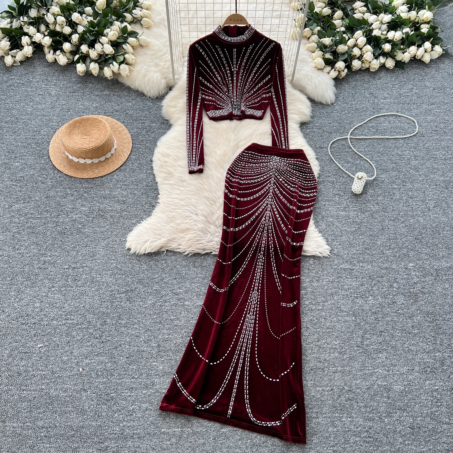 Элегантный топ с длинными рукавами и воротником-стойкой бархатная тонкая юбка со