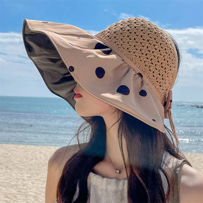 

Panama Straw Hat Women's Summer Empty Top UV Protection Beach Sun Hats Outdoor Sports Bucket Hats Breathable Big Brim Cap