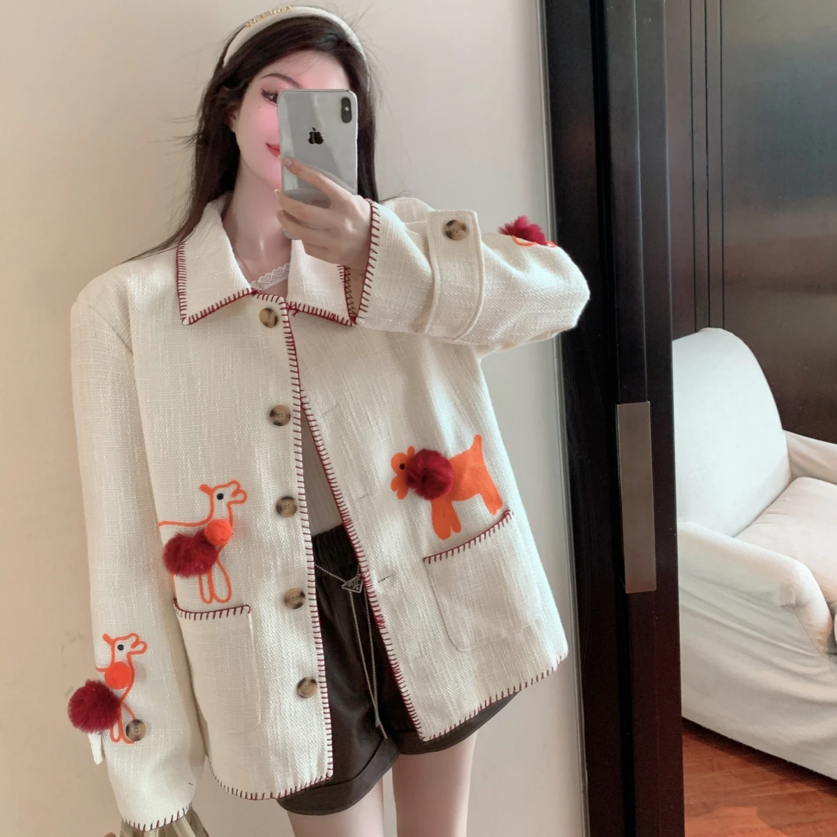 

Alpaca ball ball embroidery heavy heavy linen jacket traf official store women's clothing free shipping shirts & blouses