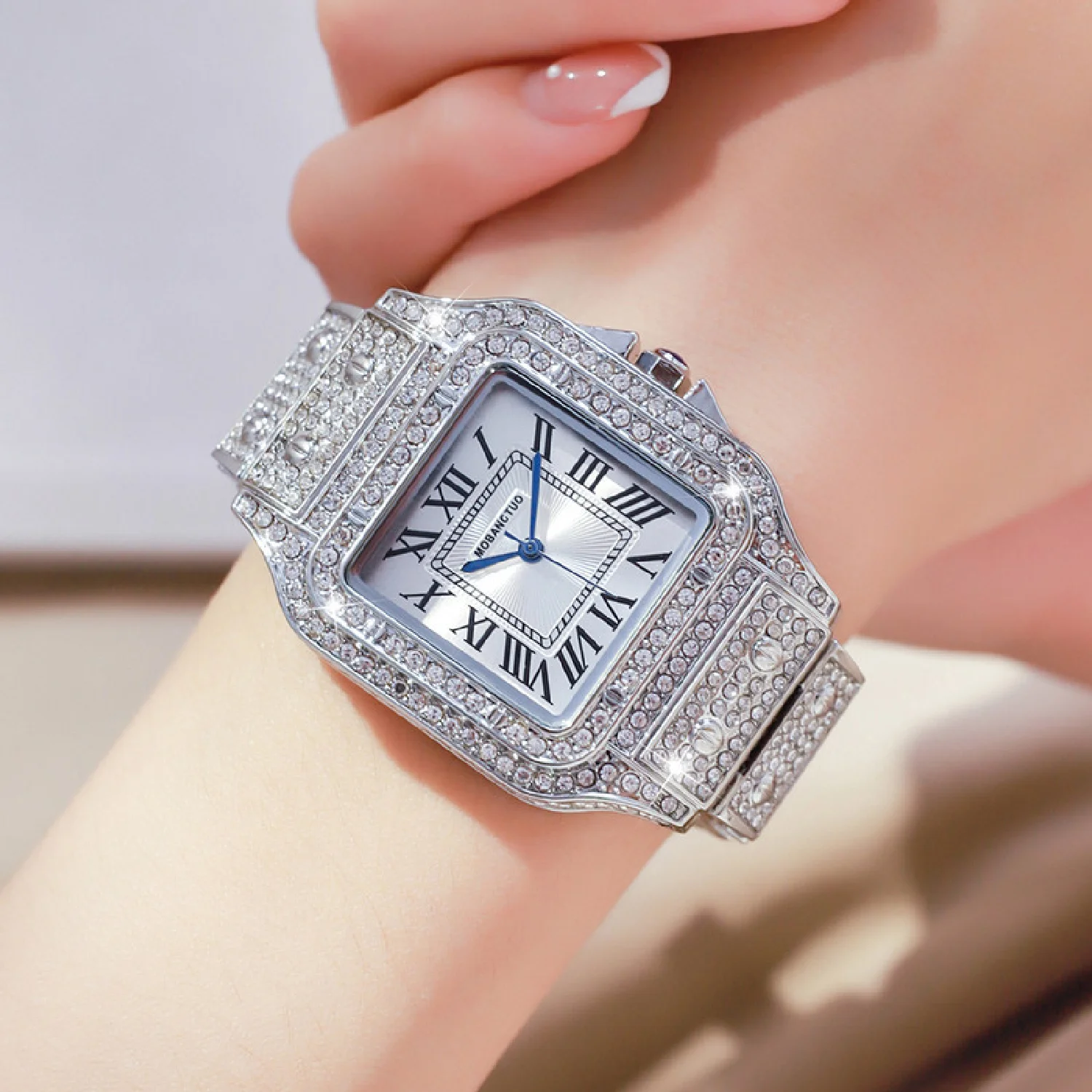 

New Silver Iced Out Women Watch Square Diamond Carter Blue Hand Quartz Luxury Female Wrist Watches Roman Clock Relogio Masculino