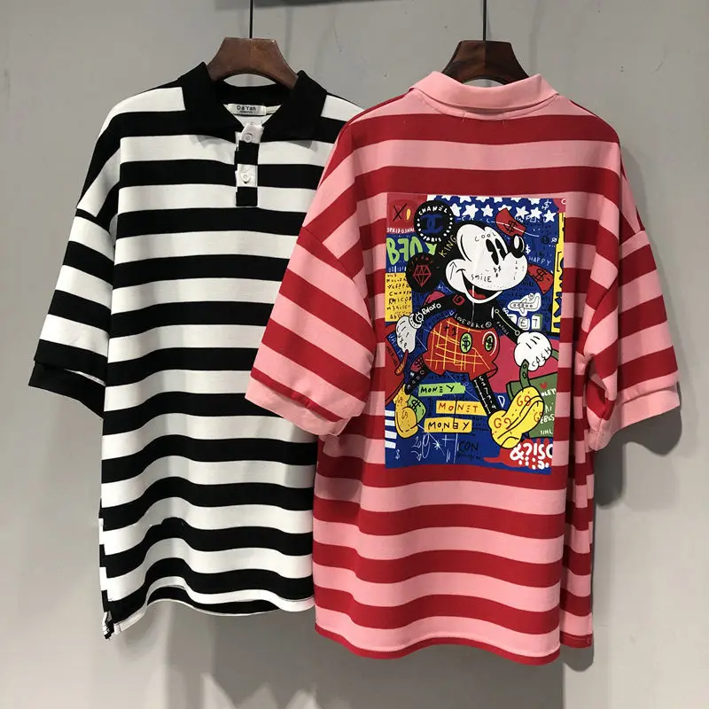 

Летняя Свободная рубашка-поло средней длины в Корейском стиле с мультипликационным принтом на спине и короткими рукавами в горизонтальную полоску Disney, женская футболка