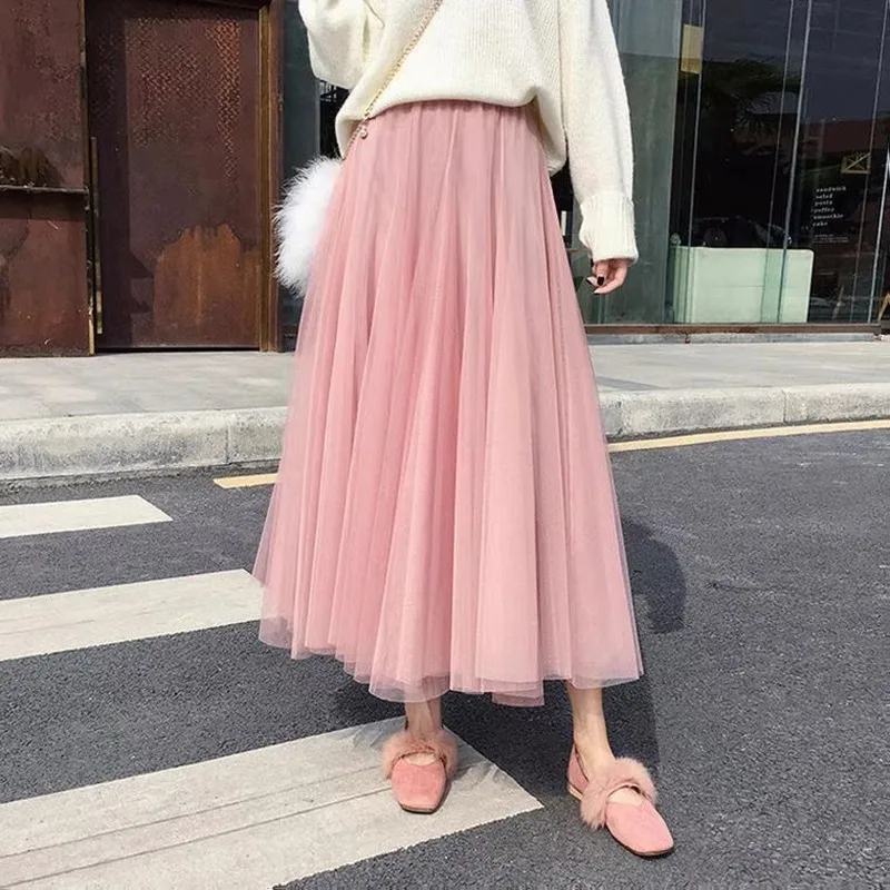 

Женская юбка с поясом на резинке, повседневная однотонная свободная трапециевидная юбка до середины икры, модель V264 в Корейском стиле на ле...