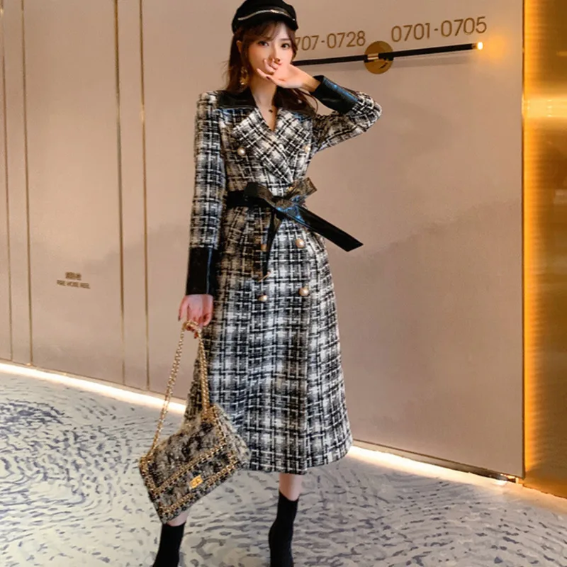 

Korean Women Woolen Jacket Coat Double-Breasted Belted Plaid Overcoat Vintage Side Pockets Female Autumn Winter Long Outerwear